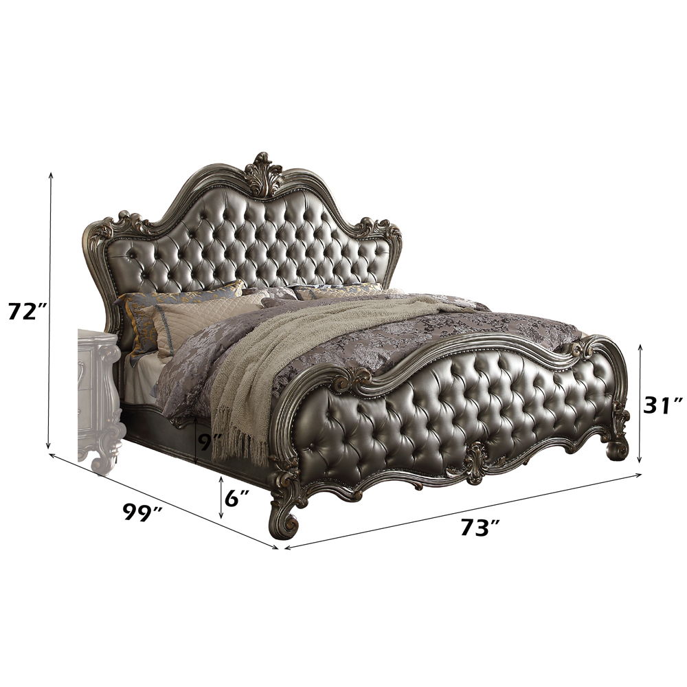 Versailles II - Queen Bed - Silver Synthetic Leather & Antique Platinum
