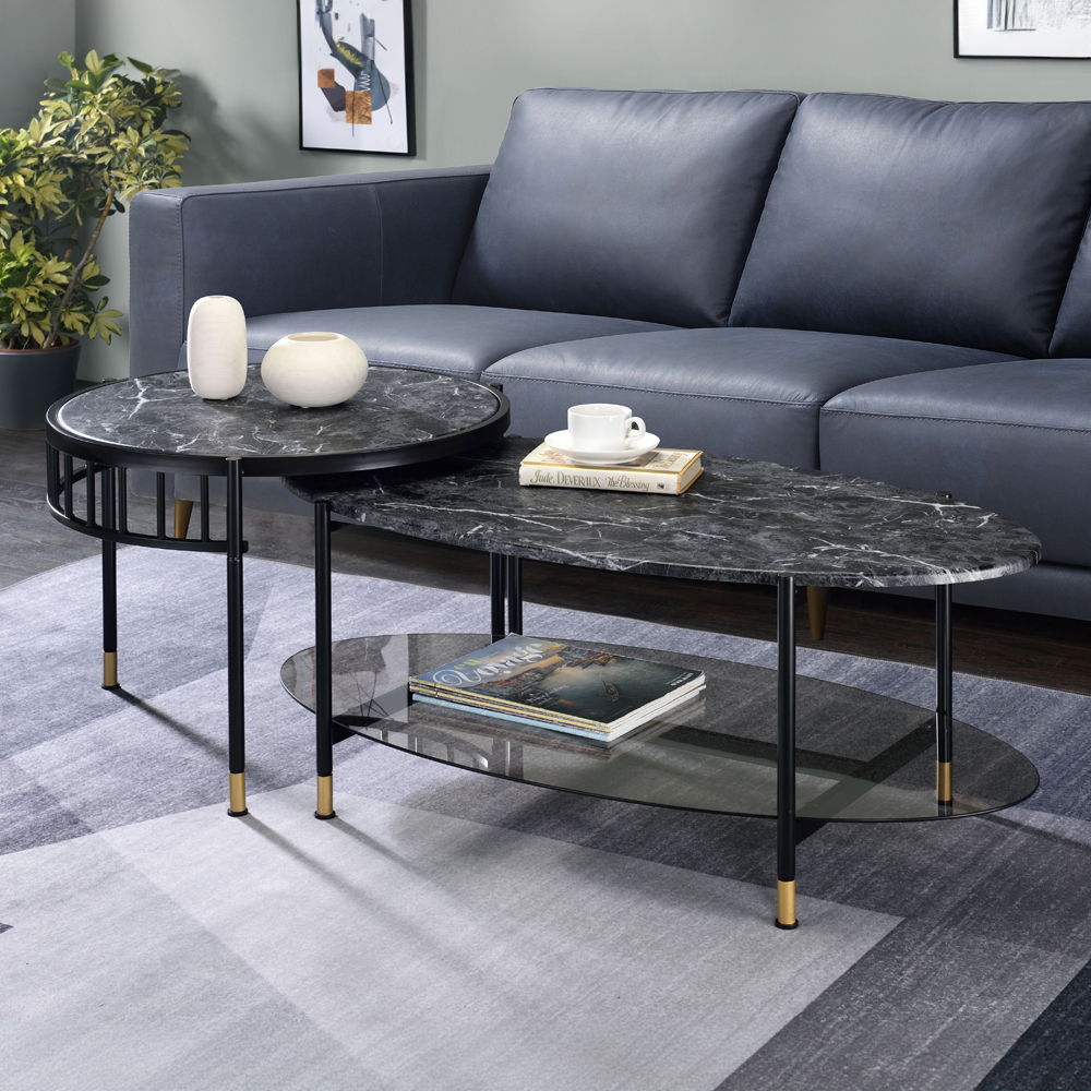 Silas - Nesting Coffee Table Set - Faux Marble Top & Black