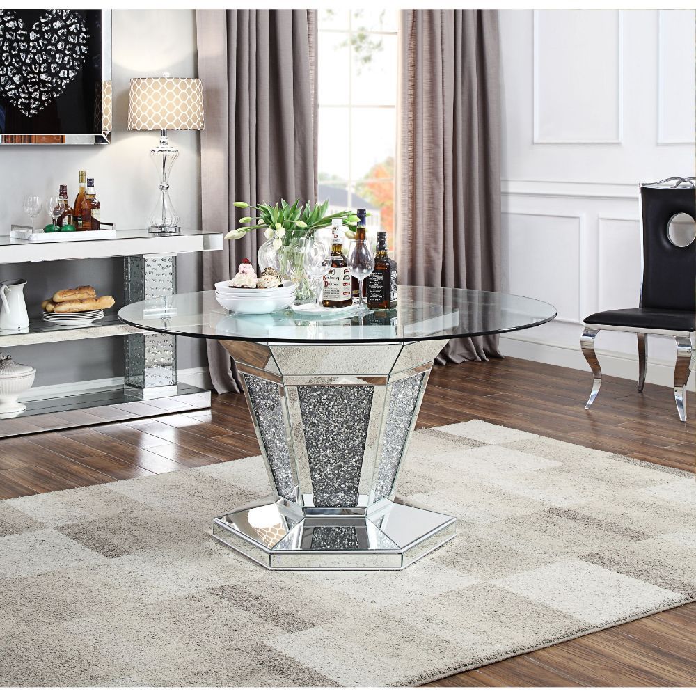 Noralie - Dining Table - Mirrored, Faux Diamonds & Clear Glass Top