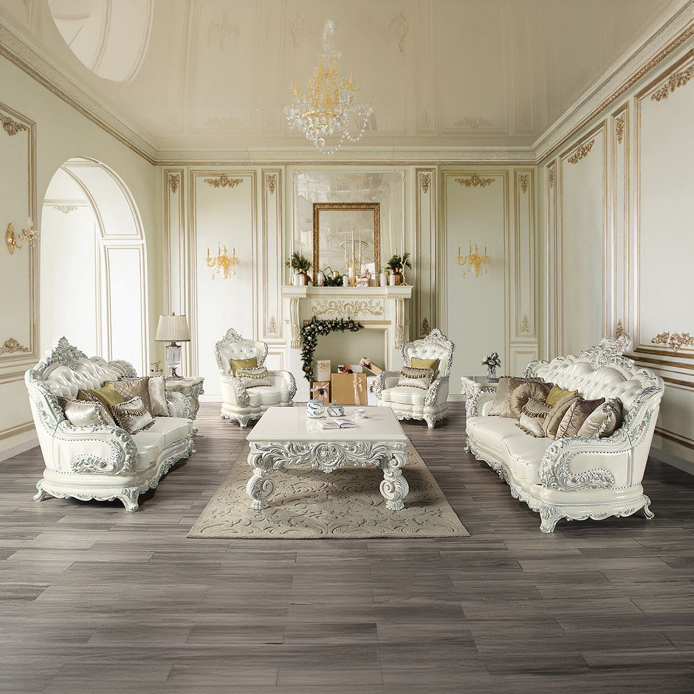 Adara - Sofa With 7 Pillows - Pearl White Synthetic Leather & Antique White
