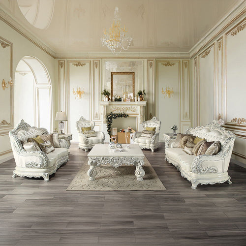 Adara - Sofa With 7 Pillows - Pearl White Synthetic Leather & Antique White
