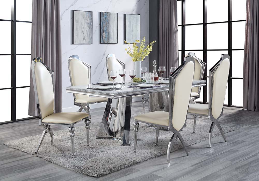 Destry - Dining Table With Engineering Stone Top & Pedestal Base - Engineering Stone Top & Mirrored Silver