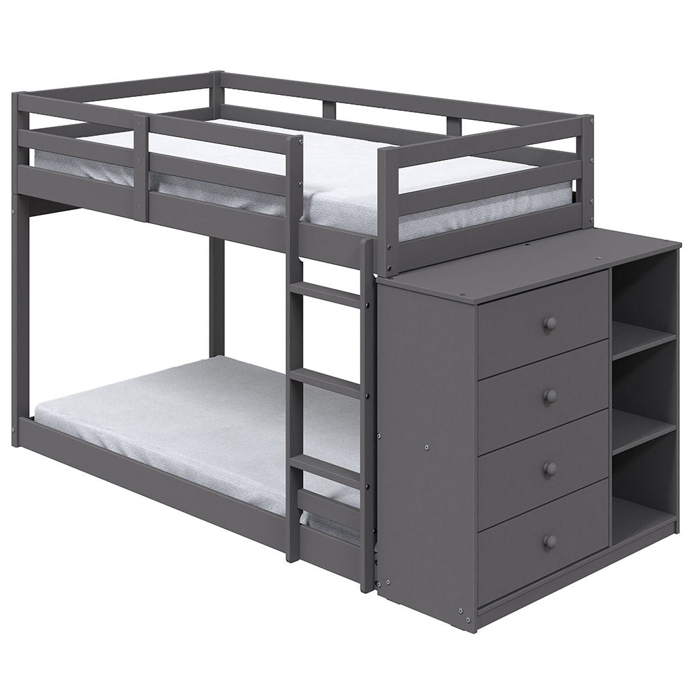 Gaston - Twin Over Twin Bunk Bed With 4 Drawers & 3 Compartments - Gray