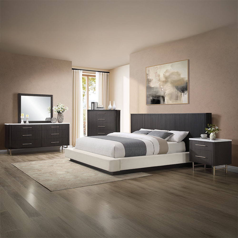 Clayten - Eastern King Bed - Beige Linen & Espresso