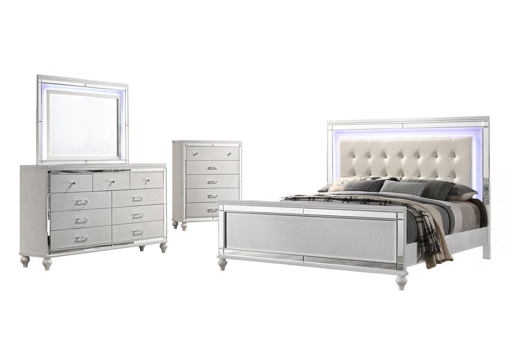 Valentino - Queen 4 Piece Bedroom Set (Bed, Dresser, Mirror, Chest) - White