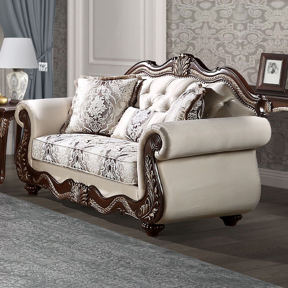 Pierce - Loveseat With 3 Pillows - Beige Fabric & Cherry