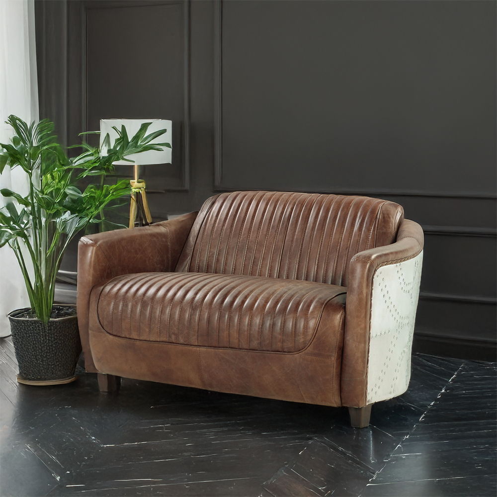 Brancaster - Loveseat - Retro Brown Top Grain Leather & Aluminum