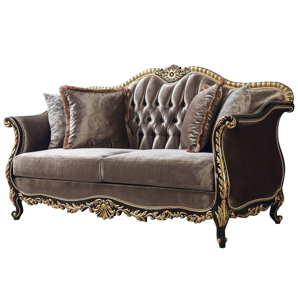 Betria - Loveseat With 4 Pillows - Light Green Velvet, Gold & Black High Gloss