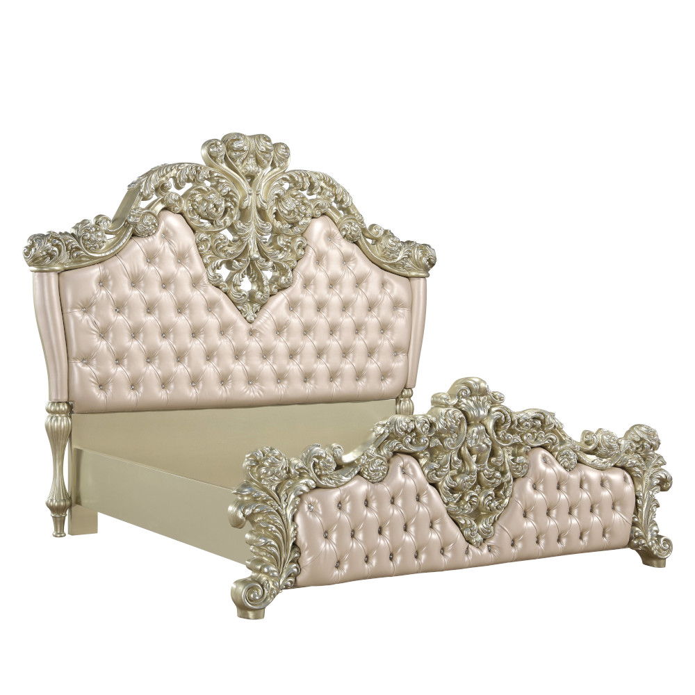 Vatican - Eastern King Bed - Synthetic Leather, Light Gold & Champagne Silver