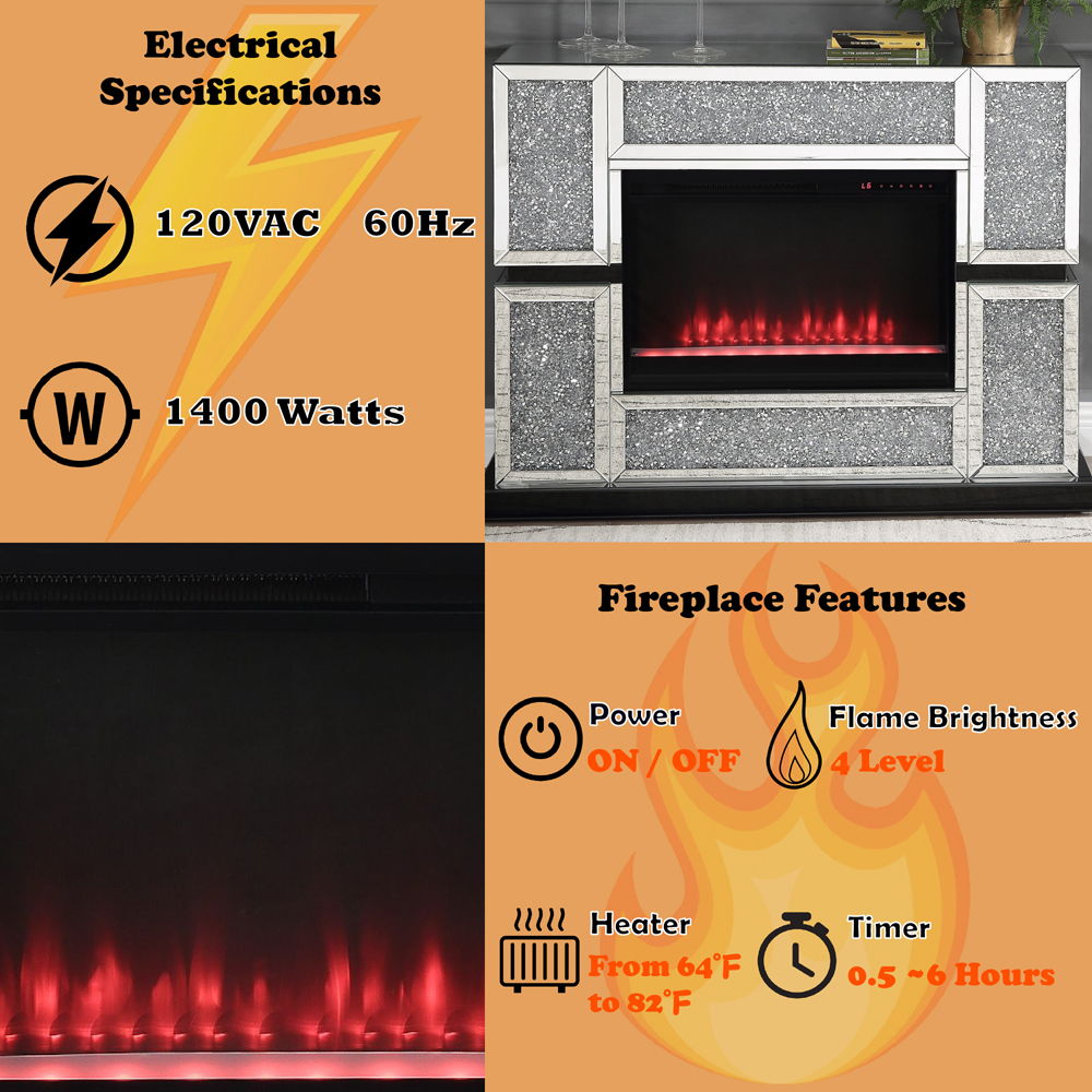 Noralie - 48" X 15" Fireplace - Mirrored & Faux Diamonds
