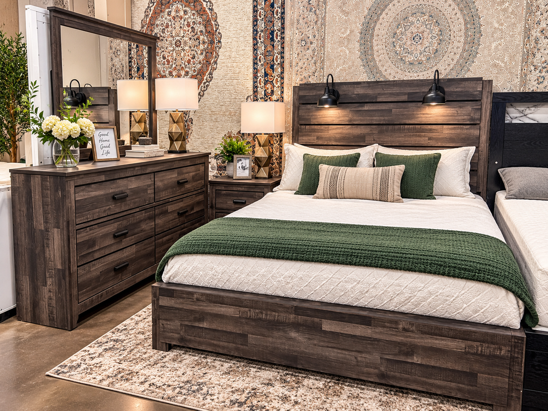 Rustic bedroom set in the showroom