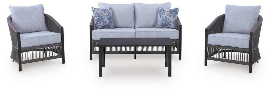 Bridges Beach - Loveseat, Lounge Chairs, Table Set (Set of 4) - Gray