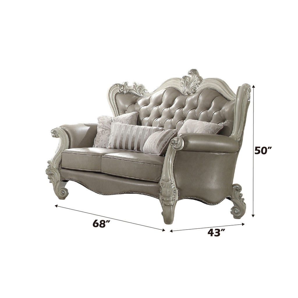 Versailles - Loveseat With 4 Pillows - Vintage Gray Synthetic Leather & Bone White
