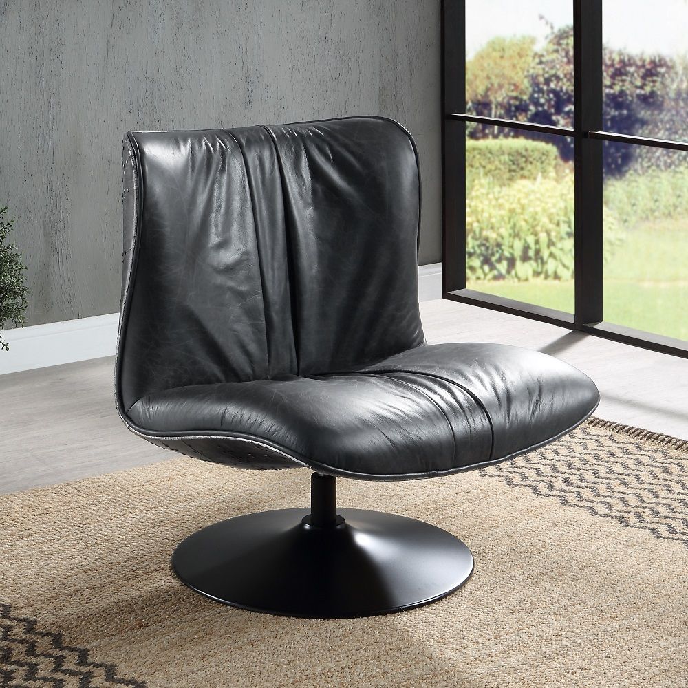 Piotr - Accent Chair With Swivel - Black Top Grain Leather