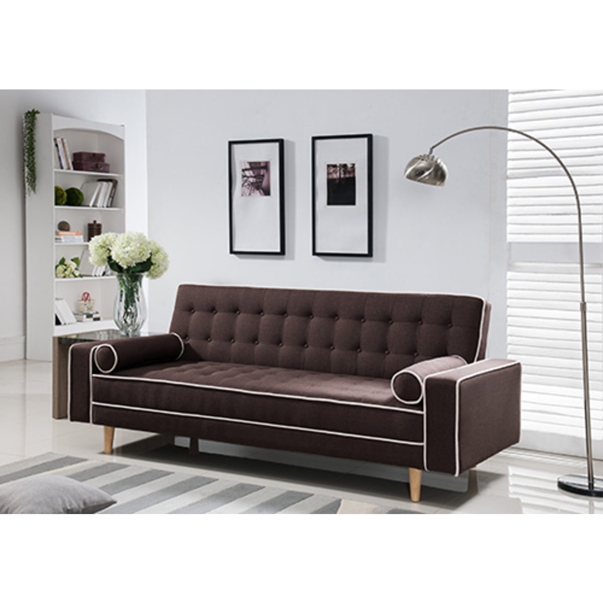 Brown Fabric Futon Sofa Bed w/ Armrest