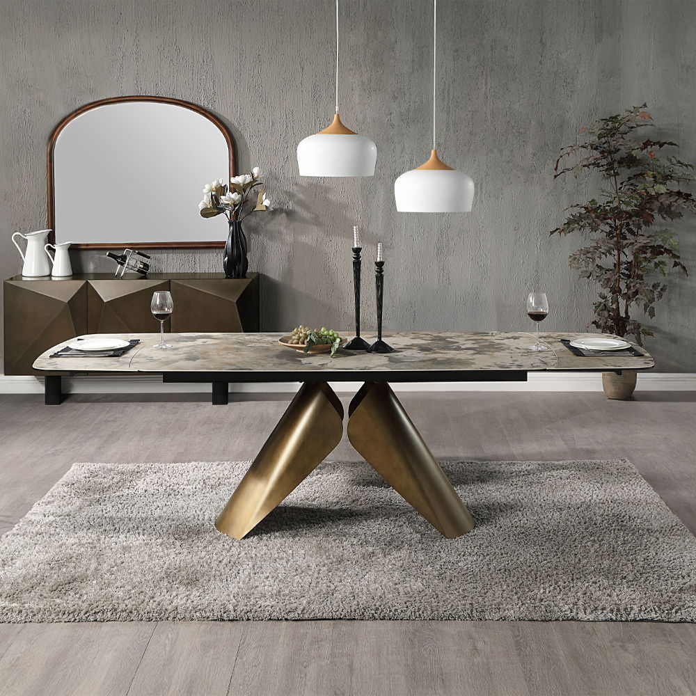 Malika - Ceramic Top Dining Table - Gray & Copper Cross Brushed