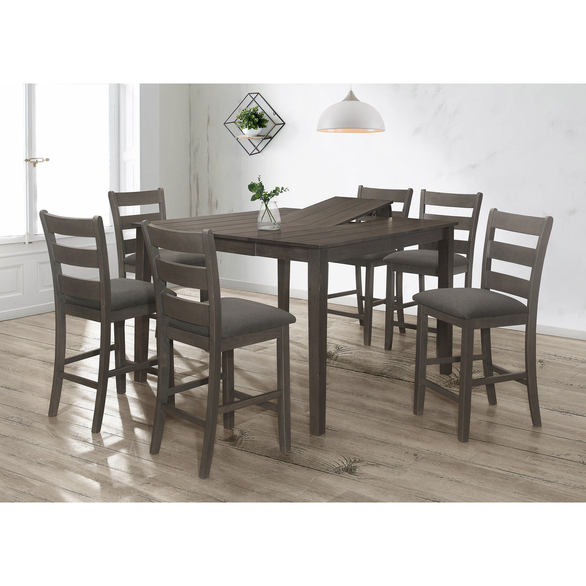 Gray Wooden Square Counter Table w/ MDF Top + Butterfly Leaf Set (7-Piece)