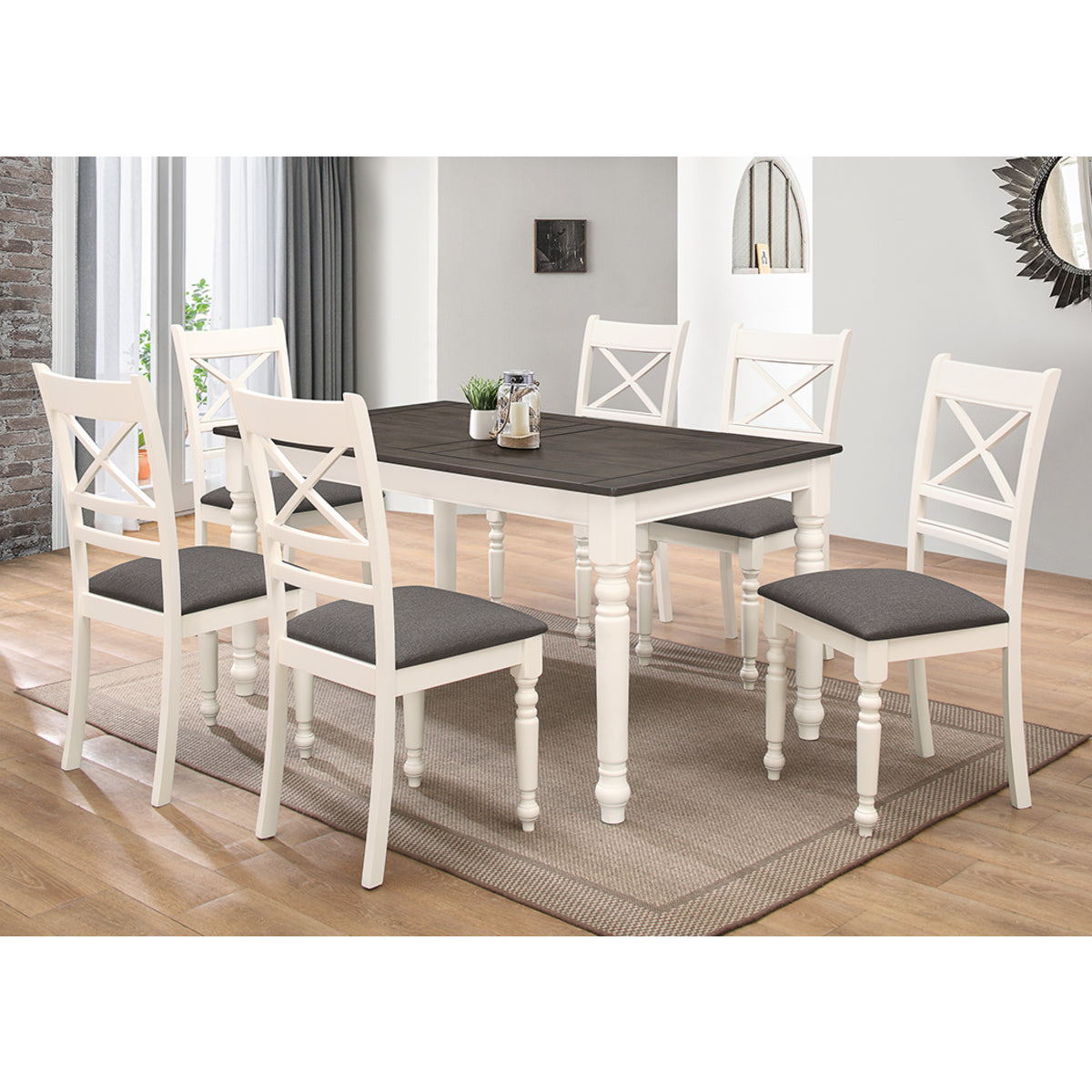 Ivory & Gray Two-Tone Wooden Dining Table Set w/ MDF Top (7-Piece)