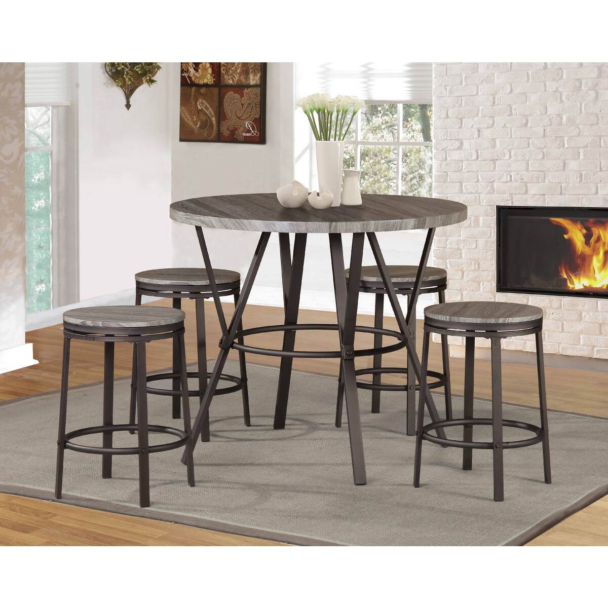 Natural Top Metal Round Counter Table Set w/ Paper Veneer MDF Top (5-Piece)