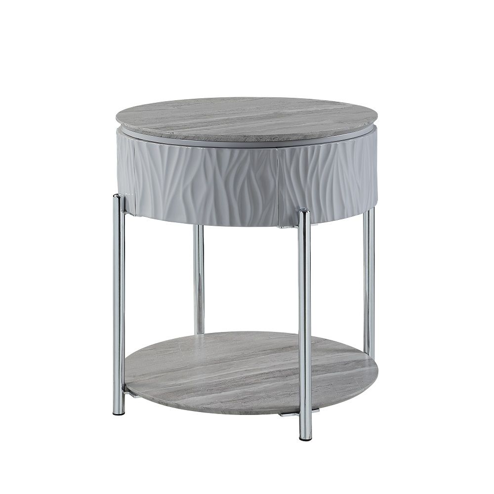 Yukino - End Table - Gray High Gloss & Chrome