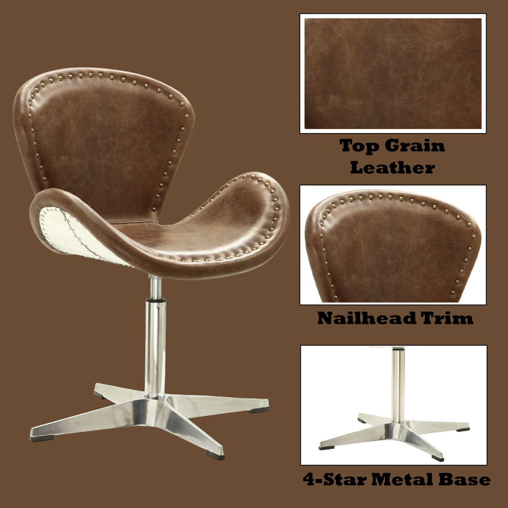 Brancaster - 33" Accent Chair With Swivel - Retro Brown Top Grain Leather & Aluminum