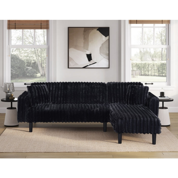 Black Fabric Reversible Click Clack Sectional Sofa w/ USB & Pillows