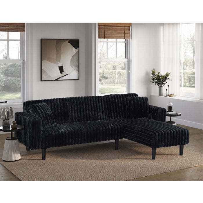 Black Fabric Reversible Click Clack Sectional Sofa w/ USB & Pillows