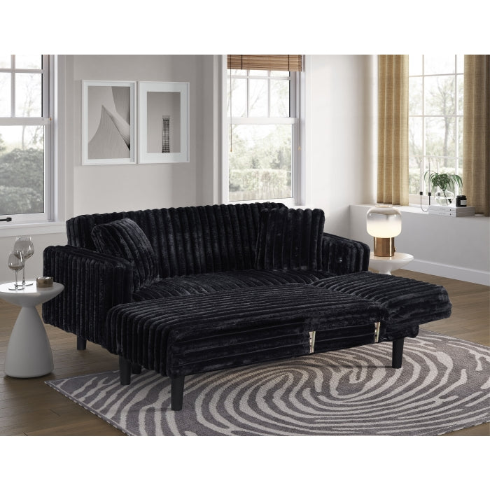 Black Fabric Reversible Click Clack Sectional Sofa w/ USB & Pillows