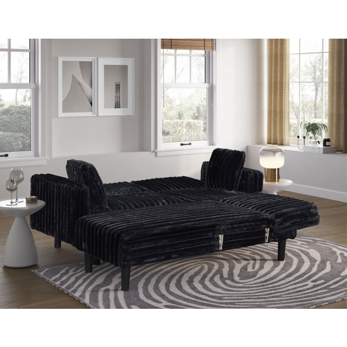 Black Fabric Reversible Click Clack Sectional Sofa w/ USB & Pillows