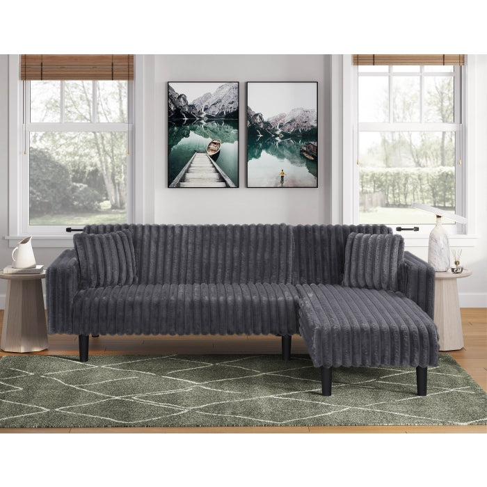 Dark Gray Fabric Reversible Click Clack Sectional Sofa w/ USB & Pillows