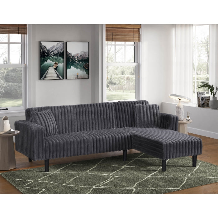 Dark Gray Fabric Reversible Click Clack Sectional Sofa w/ USB & Pillows