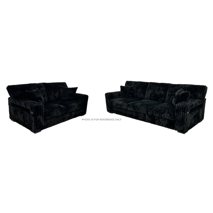 Black Corduroy Stationary Sofa Set w/ USB & Pillows (2-Piece)