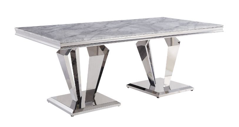 Satinka - Dining Table - Light Gray Printed Faux Marble Top & Mirrored Silver