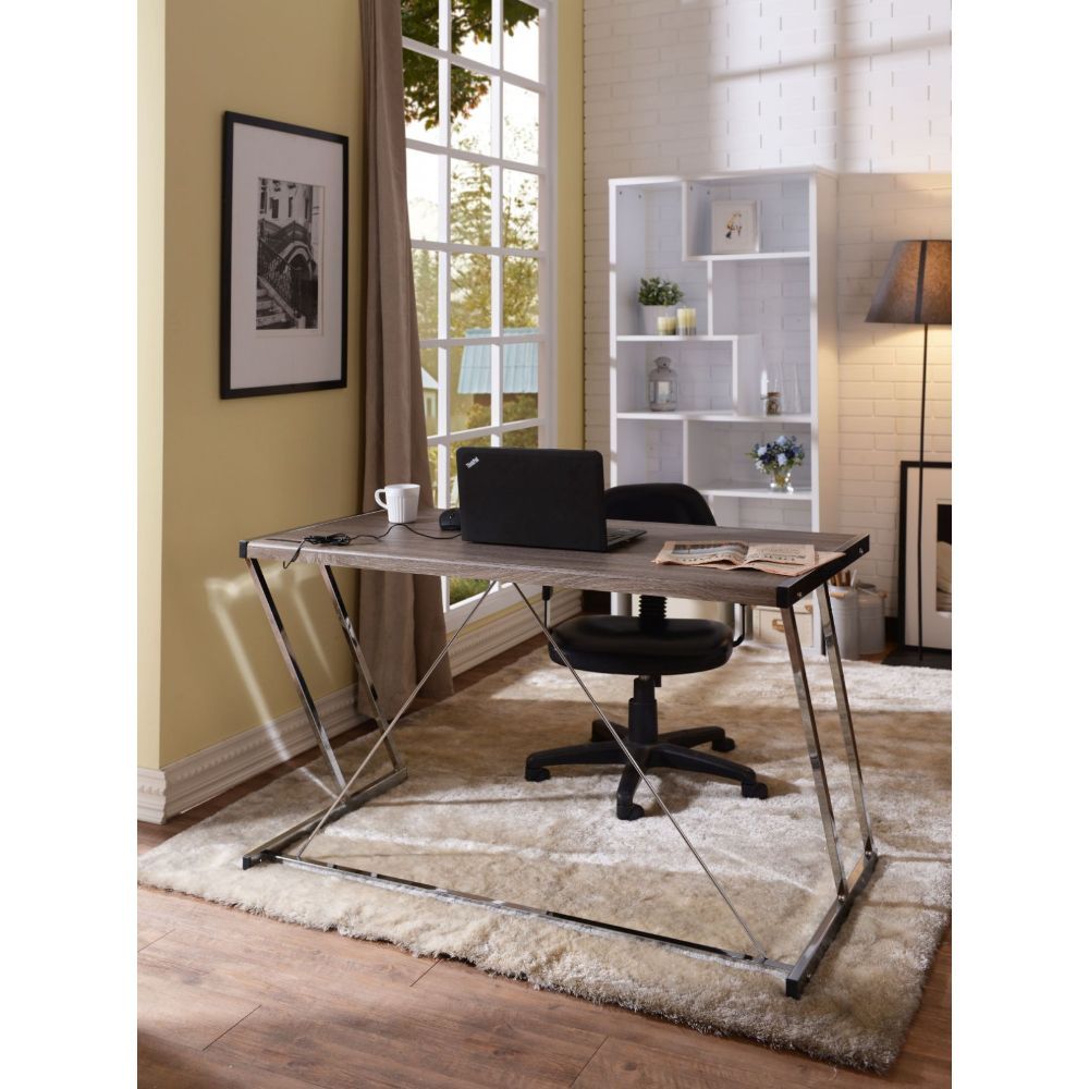 Finis - Writing Desk With USB - Weathered Oak & Chrome