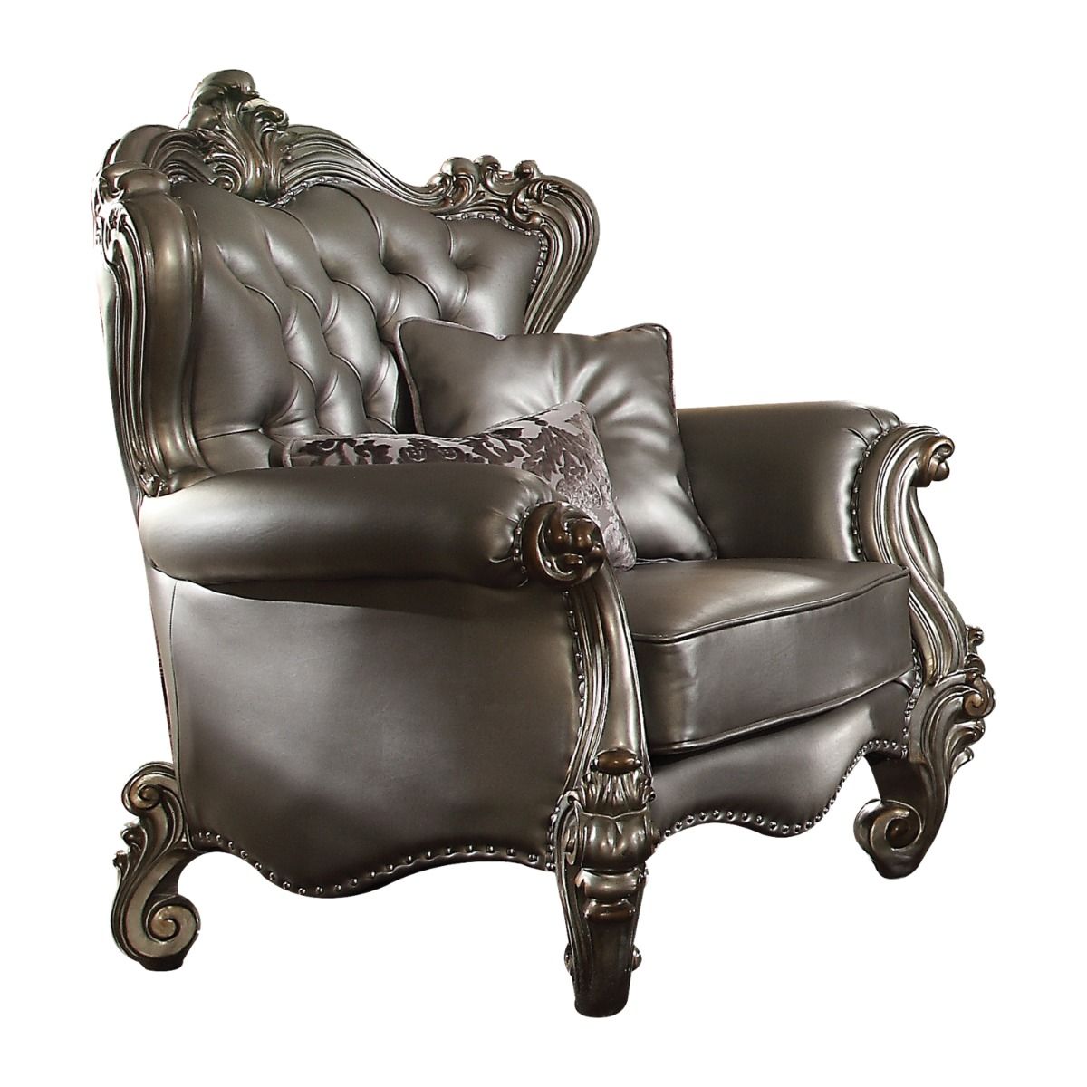 Versailles - Chair With 2 Pillows - Silver Synthetic Leather & Antique Platinum