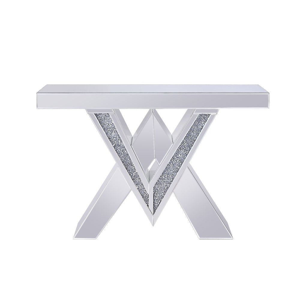 Noralie - Console Table, "V" Shape Pedestal - Mirrored & Faux Diamonds