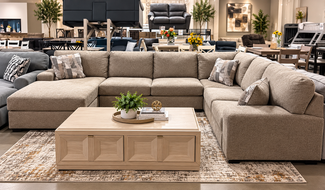 Fabric sectional with coffee table in the showroom
