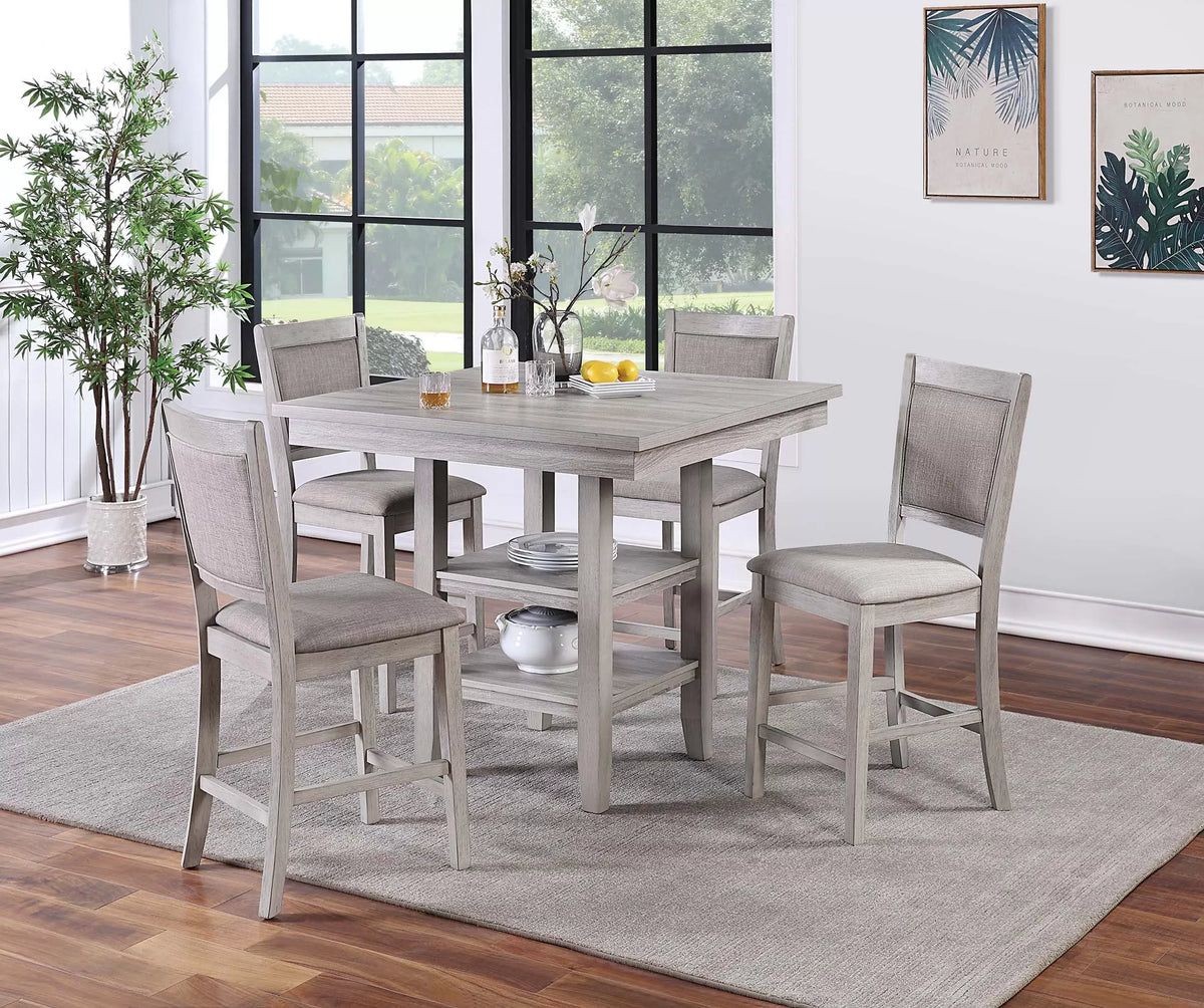5-Piece Counter Height Dining Set – Table W/Under-Table Shelf + 4 Chairs – Gray (F2604)