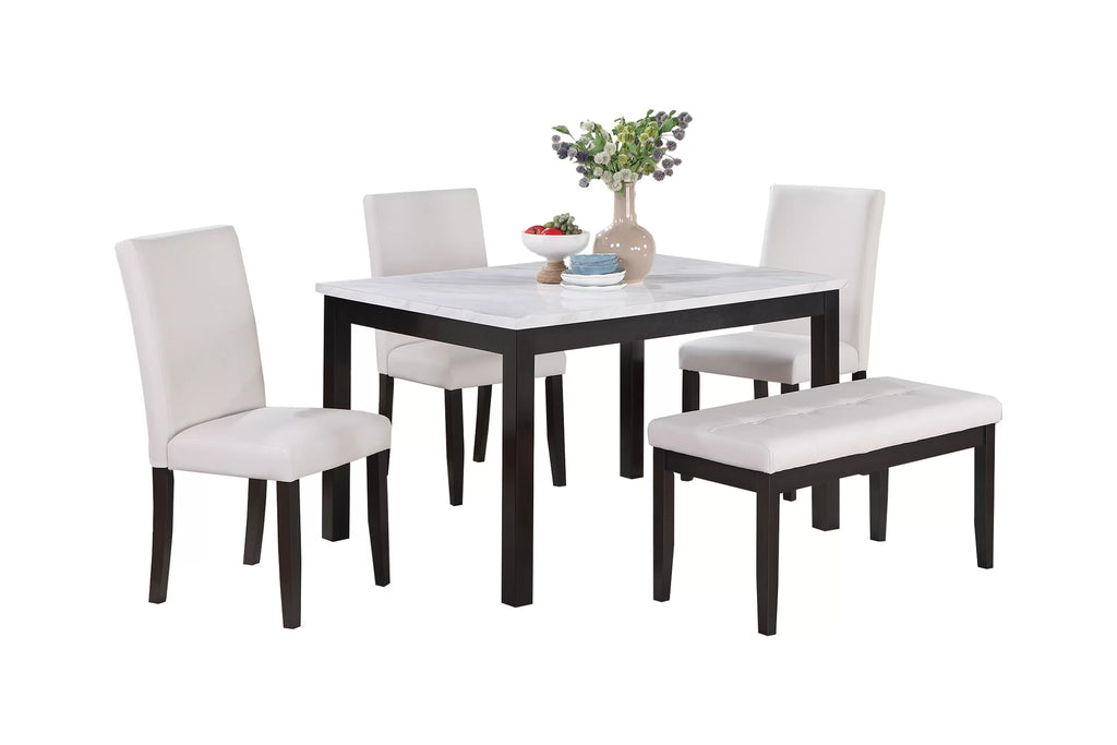 5-Piece Dining Set – Table + 3 Chairs + Bench – White (F2616)