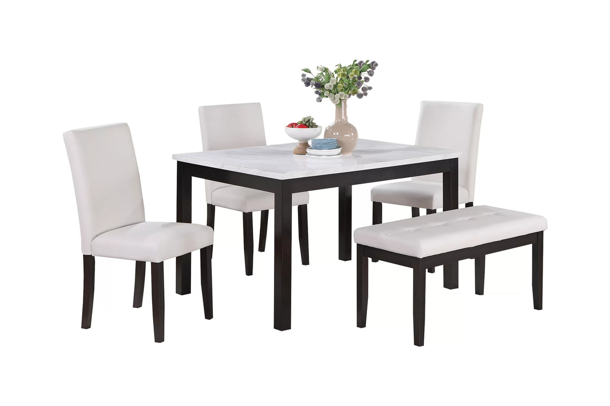 5-Piece Dining Set – Table + 3 Chairs + Bench – White (F2616)