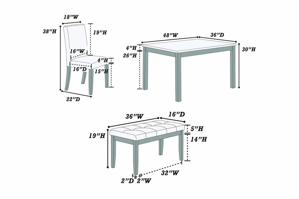 5-Piece Dining Set – Table + 3 Chairs + Bench – White (F2616)