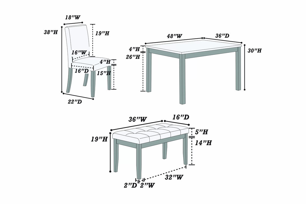 5-Piece Dining Set – Table + 3 Chairs + Bench – White (F2616)