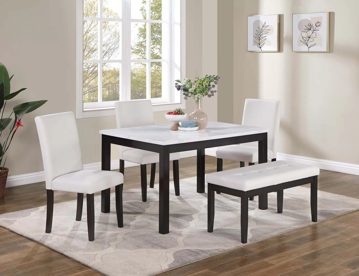 5-Piece Dining Set – Table + 3 Chairs + Bench – White (F2616)