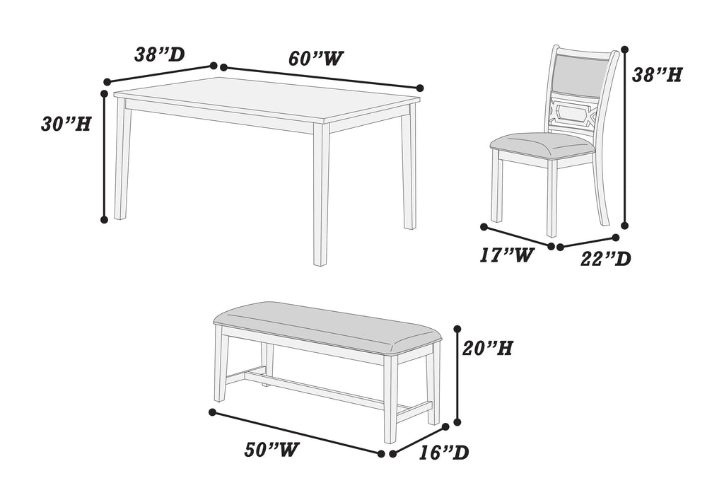 6-Piece Dining Set – Table + 4 Chairs + Bench (F2634)