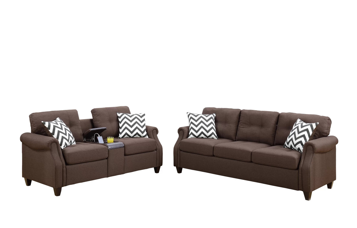 2-Piece Sofa Set – Sofa & Loveseat W/USB Console-Dark Coffee (F6413)