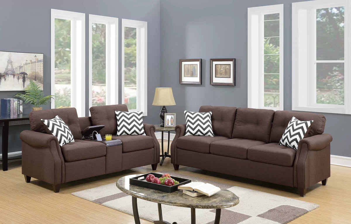 2-Piece Sofa Set – Sofa & Loveseat W/USB Console-Dark Coffee (F6413)