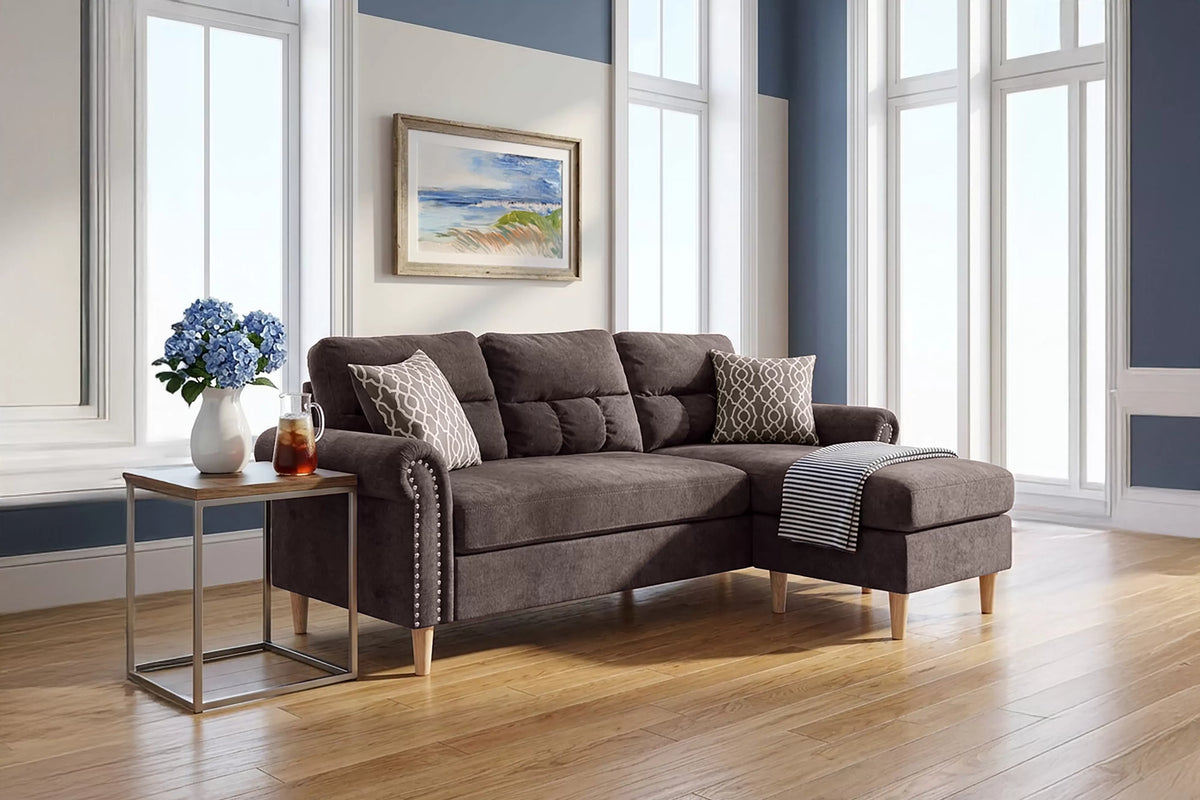 Reversible Sectional Set W/ 2 Accent Pillows – 2pc Reversible Sectional Sofa Set W/2 Accent Pillows-Tan (F6448)