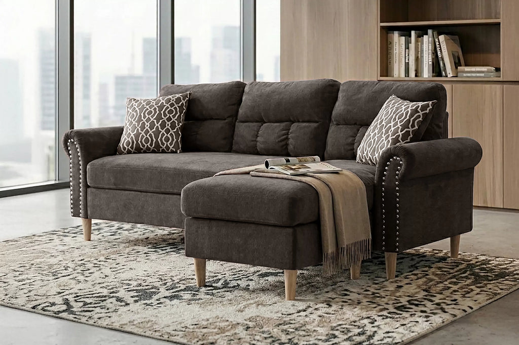 Reversible Sectional Set W/ 2 Accent Pillows – 2pc Reversible Sectional Sofa Set W/2 Accent Pillows-Tan (F6448)
