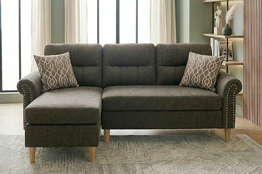 Reversible Sectional Set W/ 2 Accent Pillows – 2pc Reversible Sectional Sofa Set W/2 Accent Pillows-Tan (F6448)