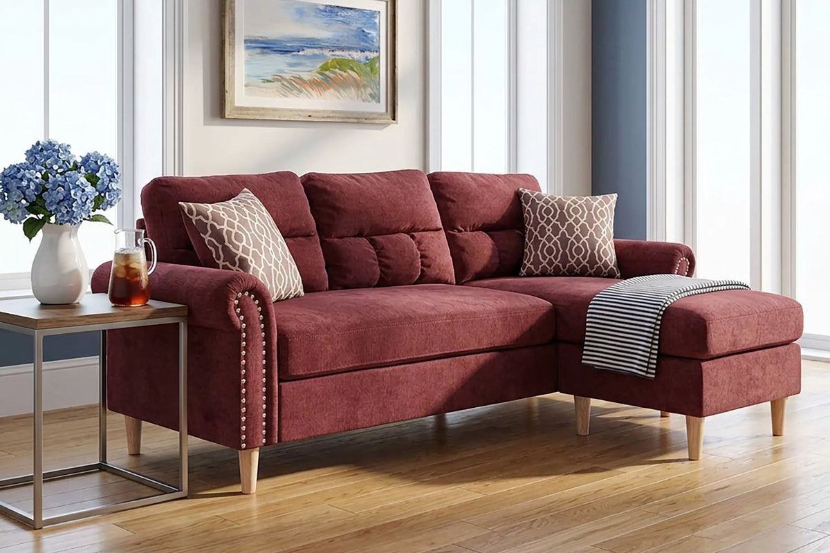 Reversible Sectional Set – 2pc Reversible Sectional Sofa Set W/2 Accent Pillows-Paprika Red (F6449)